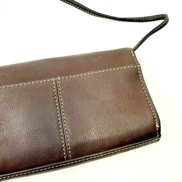 Fossil Brown Leather Exposed Stitch Trifold Crossbody Organizer Wallet Mini Bag - Picture 7 of 16